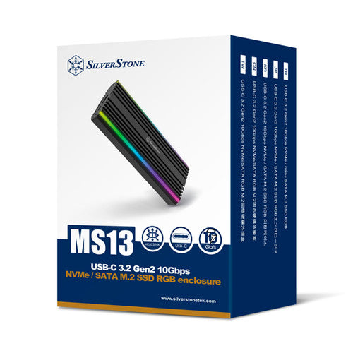Silverstone USB-C 3.2 Gen2 10Gbps NVMe and SATA M.2 SSD RGB portable enclosure Silverstone USB-C 3.2 Gen2 10Gbps NVMe and SATA M.2 SSD RGB portable enclosure